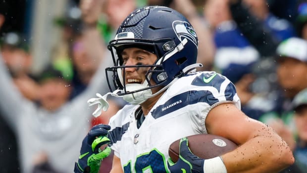 Seattle Seahawks wide receiver Jake Bobo (19) celebrates after catching a touchdown pass against the Carolina Panthers during the fourth quarter at Lumen Field.